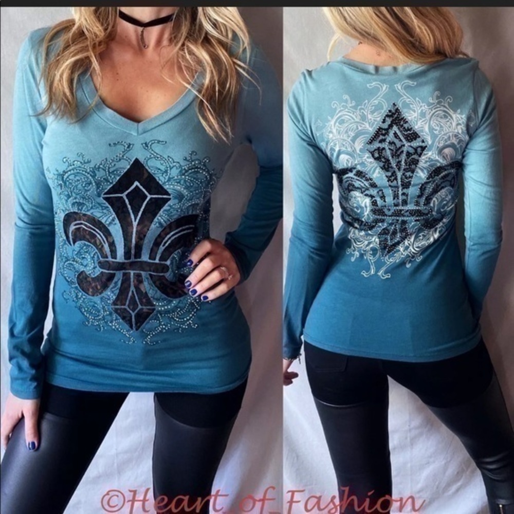 Vocal Long Sleeve Sheer Lace Graphic Ombre Top